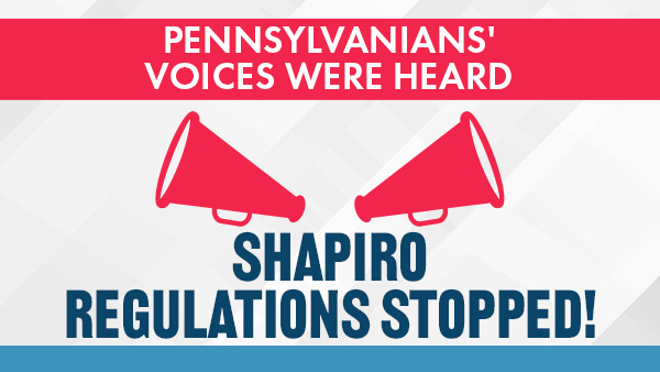 Two bullhorns with text reading “Pennsylvanians’ voices were heard. Shapiro regulations stopped!”
